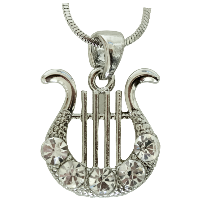Rhodium David's Harp Pendant with Clear Stones